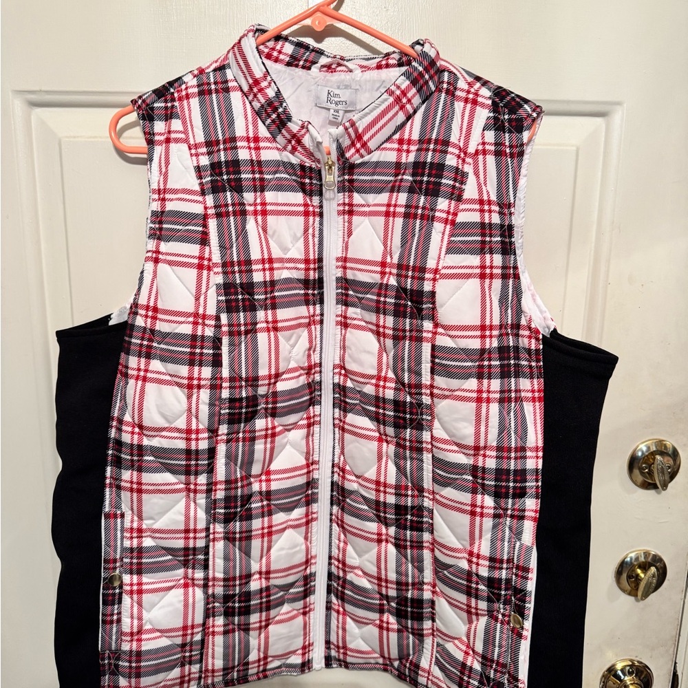Kim Rogers Red, Black & White Plaid Quilted Vest- NWT
